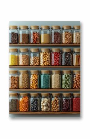 Jars filled with colorful spices/food on wooden shelves