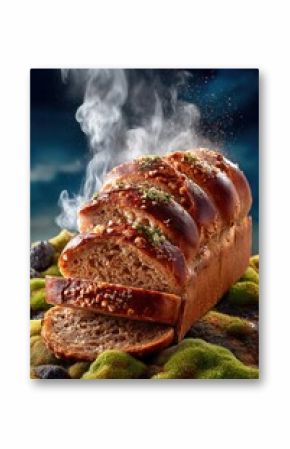 Sliced Icelandic rye bread loaf emits steam against a mossy lava field. Organic textures and warm colors create an inviting atmosphere. Concept of culinary, gastronomy, wellness