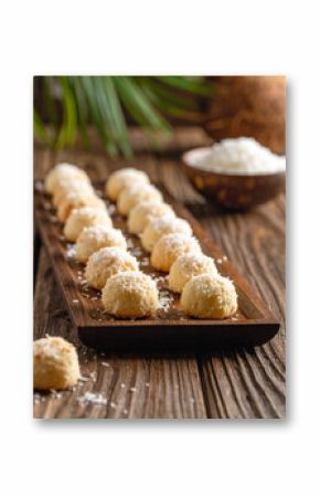 A row of freshly baked Mauritian coconut macarons stacked on a wooden rustic serving tray.