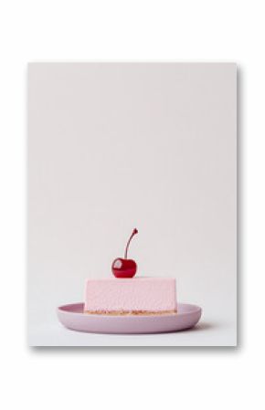 A delectable square of pink mousse cake is presented on a matching plate, adorned with a vibrant, glossy red cherry on top, set against a minimalist light background.