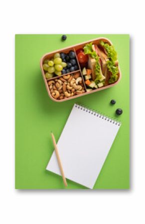 Top vertical view of a lunch box containing sandwich, nuts, fruits, alongside a notebook and pencil