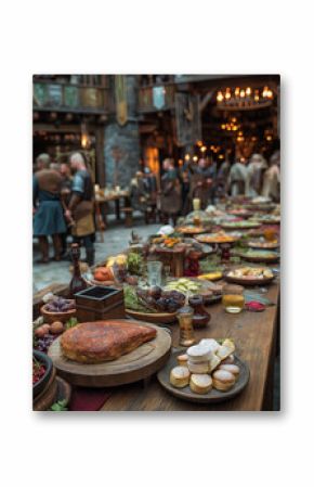 A medieval feast with a whole roasting dragon, surrounded by rustic wooden tables and Viking warriors in the background. 