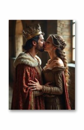 King and queen share intimate kiss medieval castle. Royal couple dressed in elegant attire. Romantic scene perfect for book cover, fairytale, love story. Medieval royalty hug and kiss.