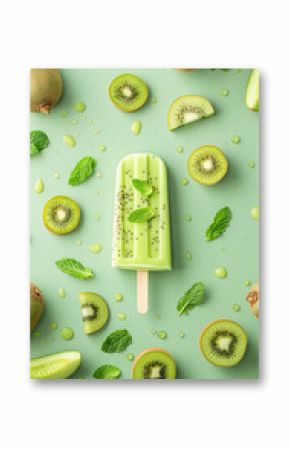 Ice cream popsicle. Ice cream on bright vibrant color pastel solid background. Color frozen fruit popsicle. Homemade ice lolly, popsicle. Summer ice cream minimal fashion idea. Realistic photo