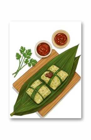 Traditional zongzi wrapped in bamboo leaves with dipping sauces on a wooden board, showcasing authentic Chinese culinary culture for Dragon Boat Festival concept of restaurant, catering, food festival