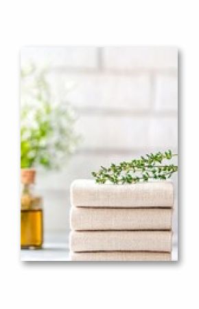 Stack of Reusable Linen Napkins with Thyme Sprig