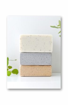 Stack of Three Organic Herbal Soap Bars on White Background