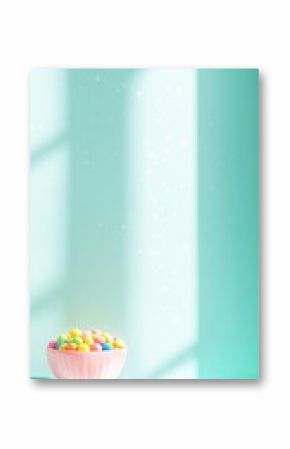 Colorful Candies in Pink Bowl Against Mint Green Background