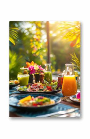Outdoor vegan dining setup with colorful dishes and fresh juices