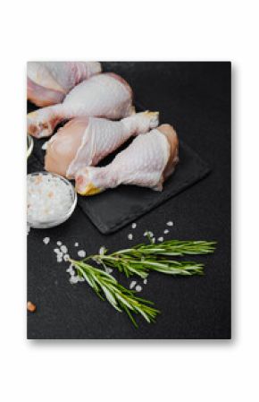 Chicken drumsticks arranged on black slate with herbs and salt