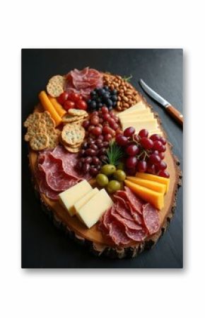 Top view charcuterie board with delicious meat, cheese assortment on black table. Salami, prosciutto, brie, gouda, cheddar, olives, grapes, crackers, nuts. Party snack, appetizer. Rustic food,