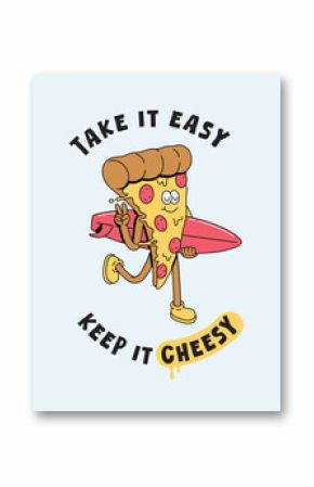 pizza surf retro cartoon illustration