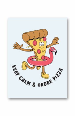 pizza flamingo float retro cartoon illustration