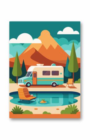 The RV is parked at a luxury campground complete with a swimming pool hot tub and gourmet dining options. The freelancer inside takes advantage of these amenities during breaks. Vector illustration