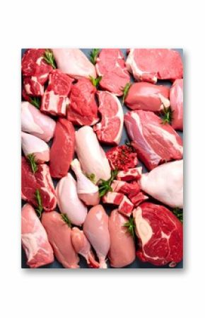 Fresh raw meat assortment overhead view protein source variety