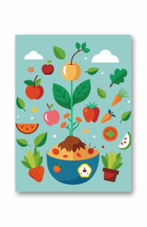 A gathering of food scraps weeds and fallen fruits transforming into a valuable resource for growing healthy and nourishing plants.. Vector illustration
