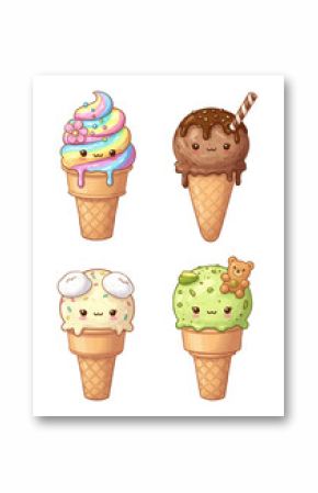Set of four cute kawaii character ice cream cones with different flavors, decorations, and faces on transparent background, element for design.