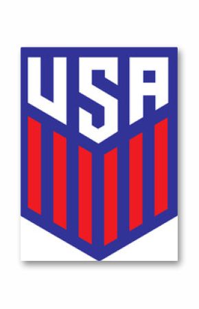 Shield-shaped USA emblem is showing blue outline white letters and red bars on transparent canvas