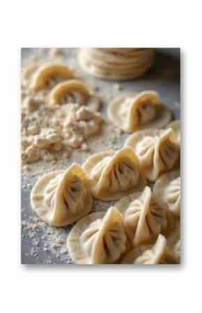 Close-up view of handmade Chinese dumplings. Freshly prepared gyoza with dough and flour on the table. Traditional cuisine, homemade meal for lunch or dinner. Oriental food, asian culinary.