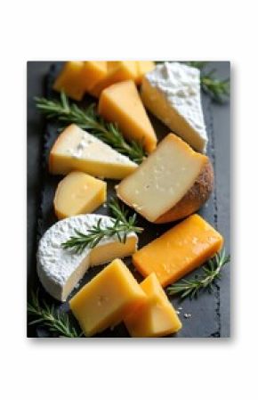 Assortment of cheese appetizer, food snack on table. Different types of cheese with rosemary, great dairy meal for aperitif, event or restaurant menu. Italian cuisine, french cheese tasting.