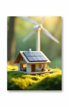 Eco-friendly house concept with solar panels on roof and wind turbine. Modern sustainable home concept. Renewable energy eco-house. Eco-friendly home. Energy efficiency for future living.