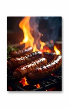 Grilled Sausages on Barbecue with Flames Creating a Delicious Culinary Scene. US Independence Day. AI Generative