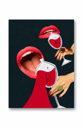 Dynamic red lips and hands interact with stylized cartoon wine glasses, pouring red wine in a bold surreal composition on black background. Concept of expressive advertising visuals