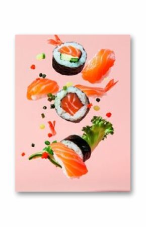 Dynamic sushi explosion: salmon, avocado, seaweed, rice, and fresh ingredients on pink background