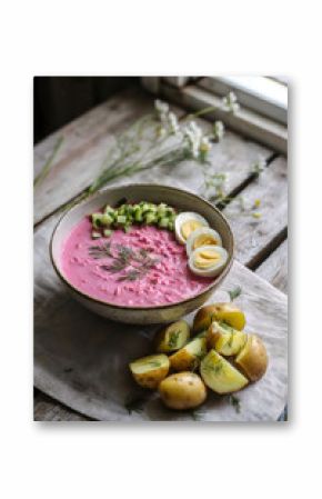 Rustic Presentation of Cold Beet Soup with Cucumber, Egg, and Dill, Served with New Potatoes on a Wooden Table