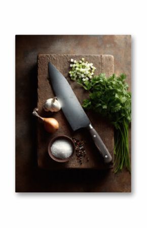 Rustic culinary scene featuring fresh ingredients onion, garlic, parsley, and spices on a wooden board. A large chefs knife suggests preparation and cooking. Ideal for food blogs.