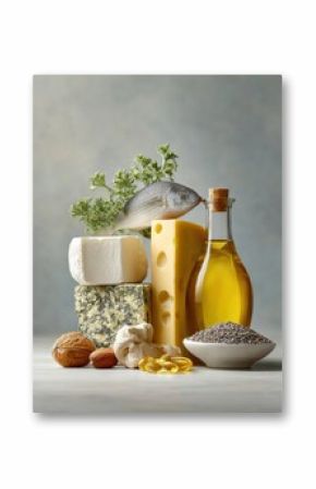 Natural bone-healthy foods selection with fish, cheese, olive oil, nuts, seeds, and garlic for osteoporosis prevention and nutritional wellness concept