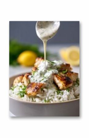 Tzatziki Poured Over Chicken Rice Bowl with Seared Chicken and Fresh Kitchen Styling