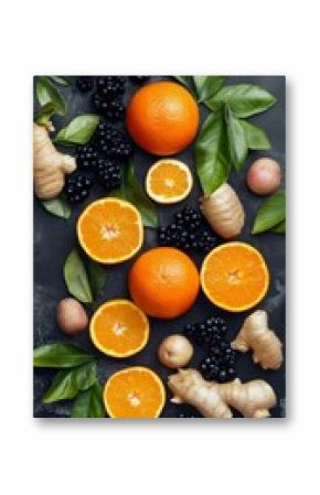 Vibrant Flat Lay of Fresh Oranges, Ginger, Blackberries, and Potatoes on Dark Background