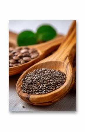 A close-up view of wooden spoons filled with chia seeds and other seeds, set against a soft backdrop, creates a warm, rustic theme ideal for health food blogs, cooking websites, or nutritional guides