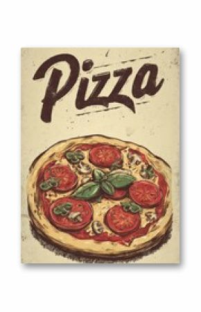 A vintage-style illustration of a pepperoni pizza with slices showing cheese, pepperoni, and green peppers. The word 'Pizza' is written in bold letters at the top. Template for menu design
