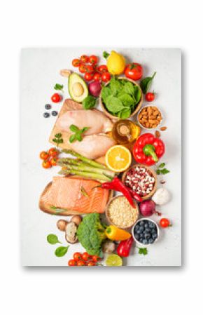 Healthy food assortment on white background.