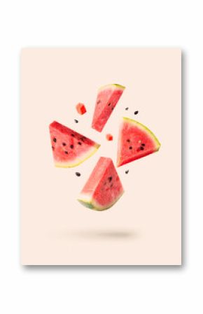Watermelon pieces isolated with ceeds flying isolated on white. Falling slices set.