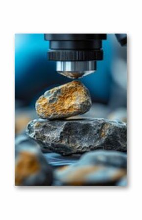 Close-up of a microscope aimed at a textured rock. Useful for scientific publications and research in geology.