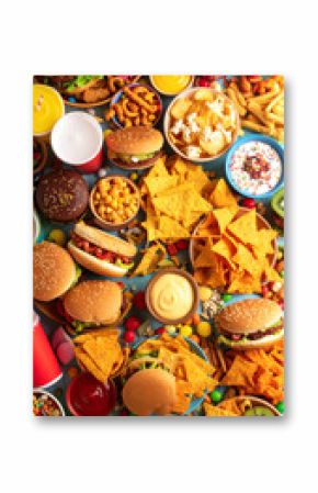 A vibrant display of fast food, snacks, and colorful treats, perfect for a feast or party atmosphere.