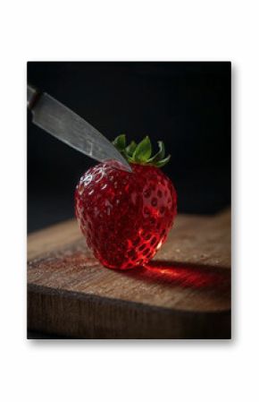 Close-up of a glossy fresh strawberry on a rustic wooden board, with a metal knife blade entering the fruit, fresh produce, or dynamic food photography.