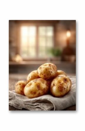 Fresh goldenbrown potatoes on rustic wooden surface