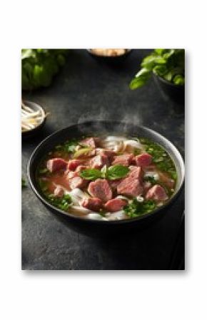 Steaming hot Vietnamese pho with tender beef slices, fresh herbs, and rice noodles in a dark ceramic bowl, showcasing traditional culinary artistry and aromatic flavors