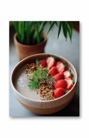 Creamy smoothie bowl with strawberries, granola, and fresh dill garnish