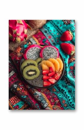 Colorful and vibrant smoothie bowl featuring dragon fruit, kiwi, and strawberries