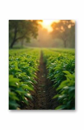 Rows green chili plants agriculture field. Lush leaves, ripe chili on farm. Sunlight at horizon, agricultural eco landscape, india. Chili peppers, harvest season, ingredient.