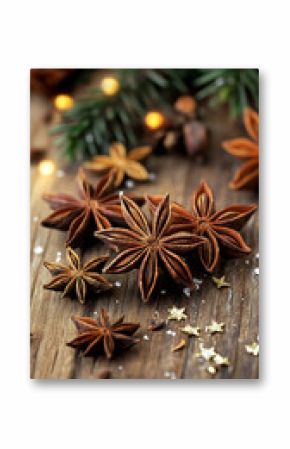 Festive Anise Stars on Rustic Wood with Garland and Star Confetti