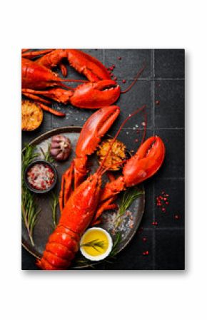 Two large cooked lobsters. Vertical photo, top view.