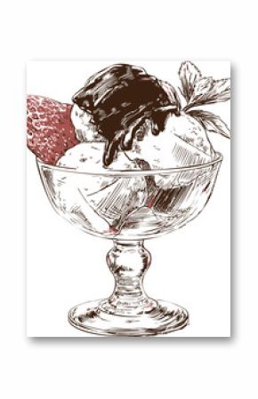 Illustration of a chocolate-covered ice cream sundae with strawberry and mint. Vector illustration in sketch style