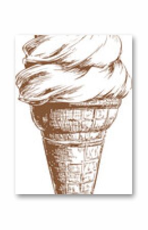Detailed sketch of chocolate soft serve ice cream cone with swirl top. Vector illustration