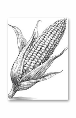 Black and white sketch of corn on the cob with detailed husks. Vector illustration
